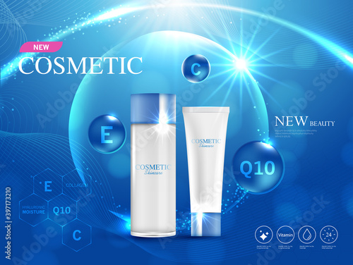 Cosmetics or skin care product ads with bottle and blue background glittering light effect. vector illustration design EPS10.