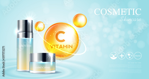 Cosmetics or skin care vitamin C product ads with bottle and blue background glittering light effect. vector illustration design EPS10.