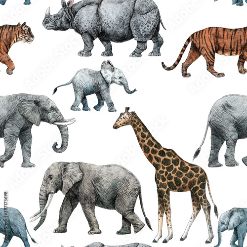 Beautiful stock seamless pattern with cute hand drawn safari giraffe elephant tiger monkey rhinoanimal pencil illustrations. © zenina