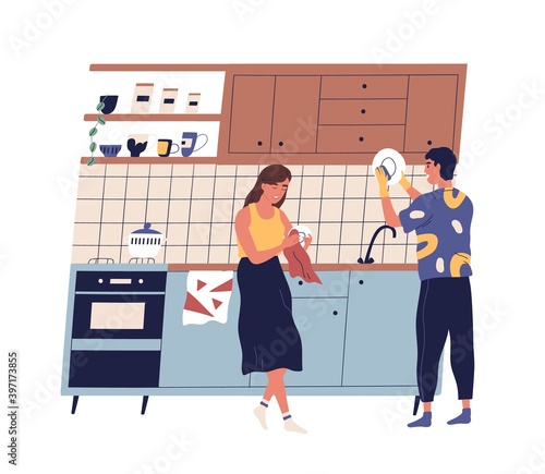 Family washing and rubbing dishes in the kitchen. Scene of young couple everyday routine, home cleanup. Flat vector cartoon illustration of husband and wife doing housework together