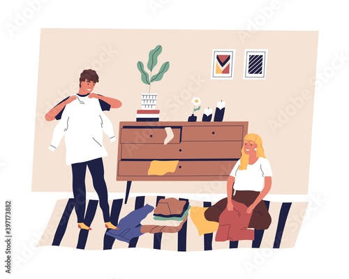 Family couple sorting, folding and organizing clothes. Scene of husband and wife doing cleanup or housework together. Cheerful people arranging clothing in room. Flat vector cartoon illustration