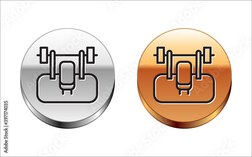 Black line Bench with barbel icon isolated on white background. Gym equipment. Bodybuilding, powerlifting, fitness concept. Silver-gold circle button. Vector.