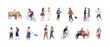 Colorful collection of people spending time outdoors. Young and aged men and women walking, cycling, skateboarding, dating and rest on the benches. Vector illustration in flat cartoon style
