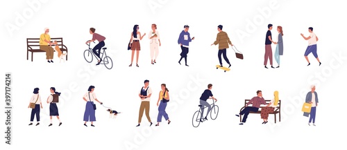 Colorful collection of people spending time outdoors. Young and aged men and women walking  cycling  skateboarding  dating and rest on the benches. Vector illustration in flat cartoon style