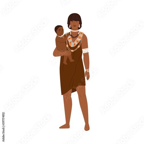African tribal mom with baby. Young female member of aboriginal tribe standing in ethnic dress and holding child. Colorful flat vector illustration isolated on white background