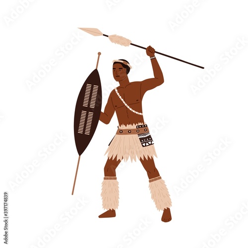African tribal man holding spear and shield in hands. Young warrior of aboriginal tribe wearing traditional ethic clothes with accessories. Flat vector illustration isolated on white background