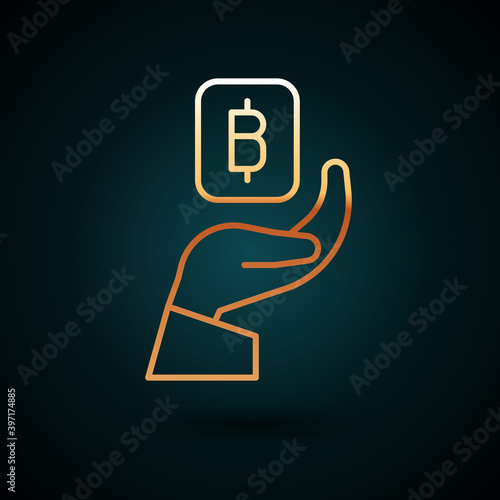 Gold line Hand holding Bitcoin icon isolated on dark blue background. Blockchain technology, digital money market, cryptocoin wallet. Vector.