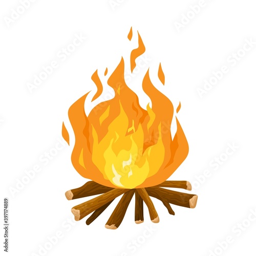 Burning campfire or bonfire on wooden logs isolated on white background. Desi...