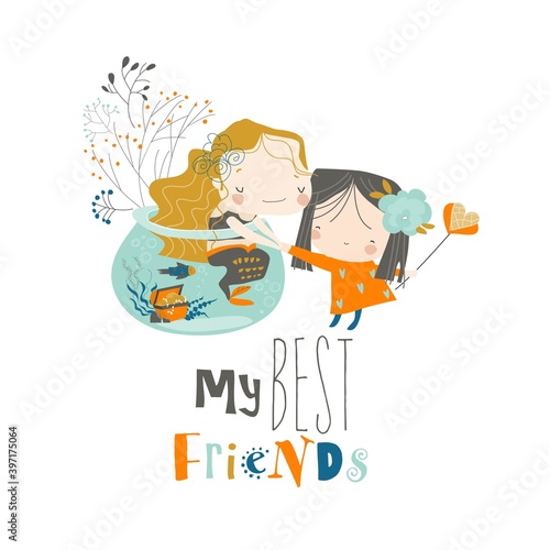 Cute mermaid and girl are best friends