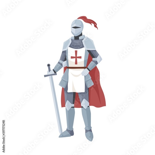 Medieval knight in armor, red cape and helmet with feather. Warrior of Middle Ages standing and leaning on a sword. Chivalry figure isolated on white background. Flat vector illustration