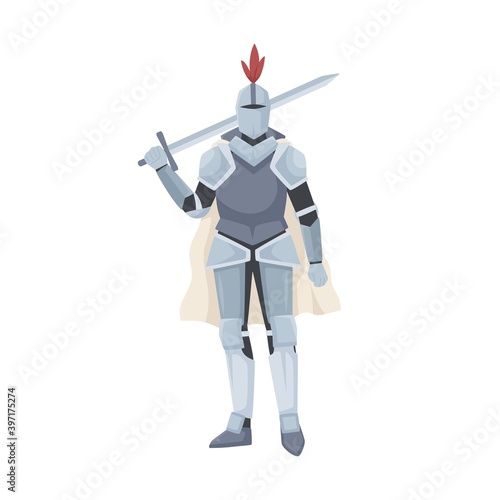 Medieval knight standing in armor, cloak and helmet with red feather. Warrior of Middle Ages holding sword over his shoulder. Chivalry figure isolated on white background. Flat vector illustration