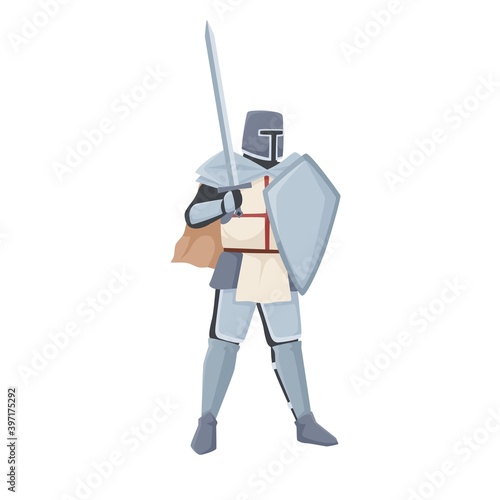 Medieval knight standing in armor and helmet holding shield and raised sword. Warrior of Middle Ages isolated on white background. Chivalry figure. Flat vector illustration
