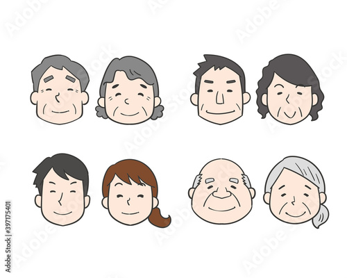 様々な年代の夫婦の顔のセットイラスト