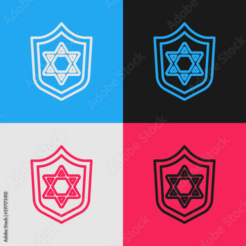Pop art line Shield with Star of David icon isolated on color background. Jewish religion symbol. Symbol of Israel. Vector.