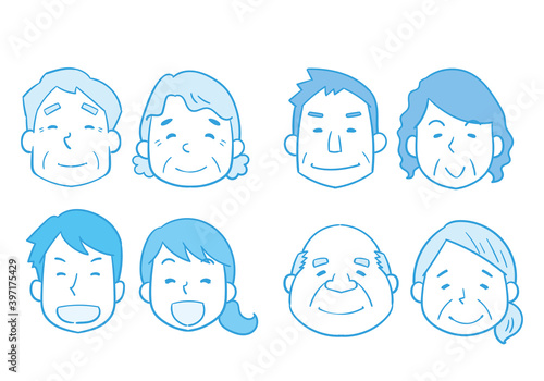 様々な年代の夫婦の顔のセットイラスト