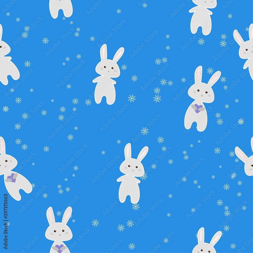 Cute gray bunnies on a blue background with snowflakes, simple vector illustration, seamless pattern Cute gray bunnies on a blue background with snowflakes, simple vector illustration, seamless pattern