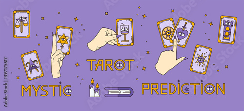 Logo for a tarot reader, print for souvenirs, a set of drawings about tarot card. Fortune telling on tarot cards, fortuneteller, witch, female hand, magic, love spell, occultism, prediction, esoteric