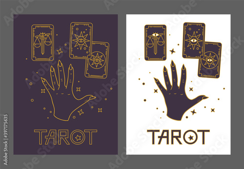 Logo for a tarot reader, print for souvenirs, a set of drawings about tarot card. Fortune telling on tarot cards, fortuneteller, witch, female hand, magic, love spell, occultism, prediction, esoteric