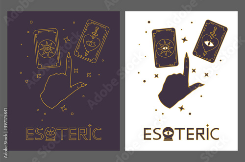 Logo for a tarot reader, print for souvenirs, a set of drawings about tarot card. Fortune telling on tarot cards, fortuneteller, witch, female hand, magic, love spell, occultism, prediction, esoteric