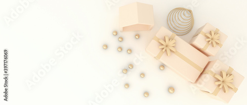 Happy New Year and Merry Christmas. Christmas tree with small house Golden sphere ball, a gift box, and cream background. Christmas set objects. poster, banner, flyer, brochure, 3D Rendering