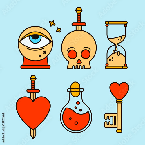 Set of mystical icon for tarot cards, banners, flyers, posters, brochures, stickers. Cards with esoteric symbols. Background for tarologist and astrologer