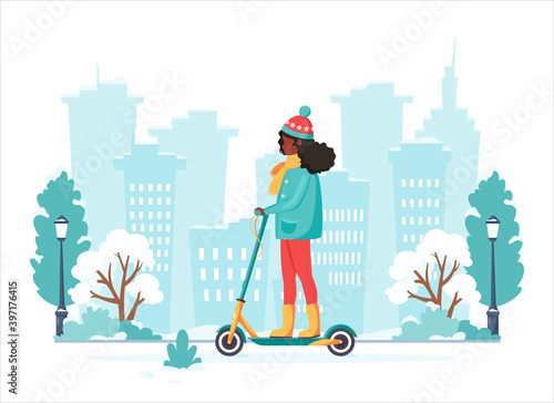 Black woman riding electric kick scooter in winter. Eco transport concept. Vector illustration