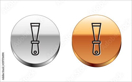 Black line Putty knife icon isolated on white background. Spatula repair tool. Spackling or paint instruments. Silver-gold circle button. Vector.