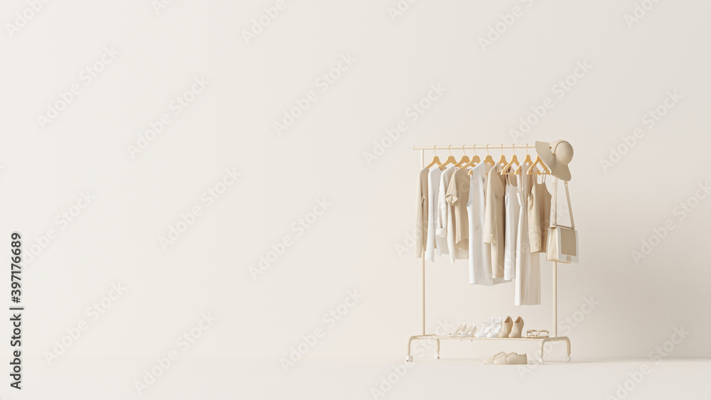 Clothes on grunge background, shelf on cream background. Collection of  clothes hanging on a rack in neutral beige colors. 3d rendering, store and  bedroom concept Illustration Stock | Adobe Stock