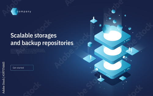 Abstract isometric vector illustration on the subject of technologies, data, processes, platforms, services. Landing page template