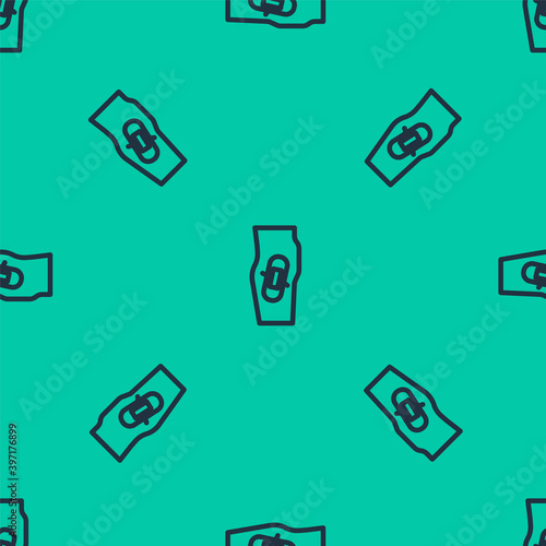 Blue line Plaster on leg icon isolated seamless pattern on green background. Vector.