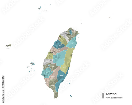 Taiwan higt detailed map with subdivisions. Administrative map of Taiwan with districts and cities name, colored by states and administrative districts. Vector illustration. photo
