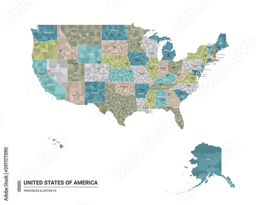 The United States of America higt detailed map with subdivisions. Administrative map of The United States of America with districts and cities name, colored by states and administrative districts. 