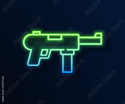 Glowing neon line Submachine gun M3, Grease gun icon isolated on blue background. Vector. photo