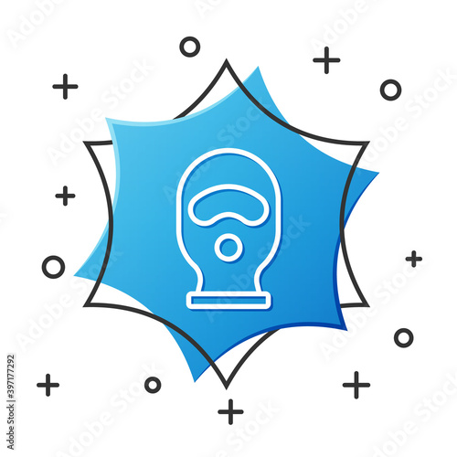 White line Balaclava icon isolated on white background. A piece of clothing for winter sports or a mask for a criminal or a thief. Blue hexagon button. Vector.