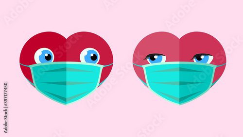 Valentine's day card or banner design concept in vector. Happy Hearts in medical masks, protection from covid-19, take care of yourself during the holiday.