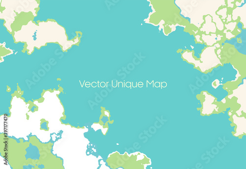 Unique map of world with various landscape  glaciers  green  ocean and lakes