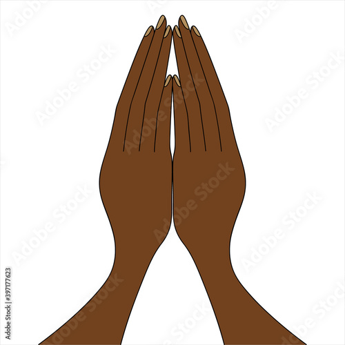 African American folded his hands in prayer. The palms are pointing up. Colored vector illustration. Isolated white background. An appeal to God. The fingers touch each other. Prayer at the table.