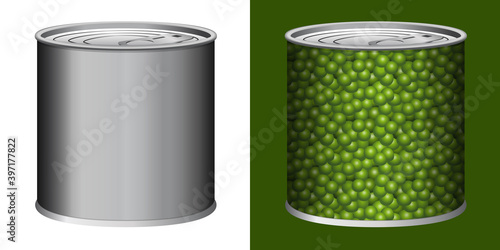 Deux illustrations vectorielles 3D - 1 boite de conserve brut et 1 boite avec une étiquette au motif de petits pois pour représenter ce qu’il y a à l’intérieur.