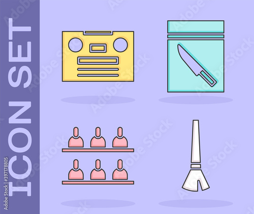 Set Paint brush, Retro audio cassette tape, Jurors and Evidence bag and knife icon. Vector.