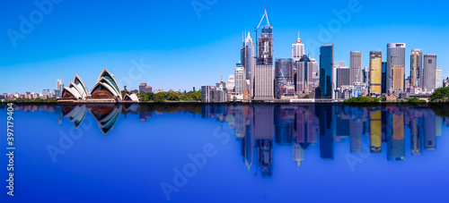 vibrant colours of Sydney CBD with reflection of buildings in the bay