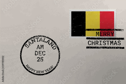Postage stamp envelope with Belgium flag and Christmas and New Year stamps, vector