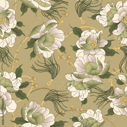 Floral pattern with beads, chains, beads and tassels. Oriental motifs with peonies