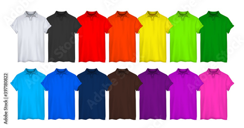 Set of colored t-shirt polo realistic mockup. Vector illustration.