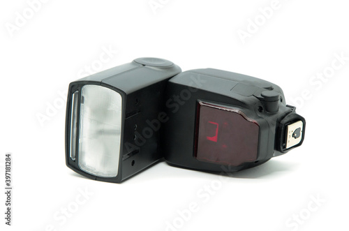 External flash for taking professional-looking photos in low-light conditions isolated on white background. Head Rotation: Vertical Rotation 90 degrees, Horizontal Rotation up to 270 degrees