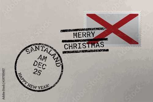 Postage stamp envelope with Alabama flag and Christmas and New Year stamps, vector