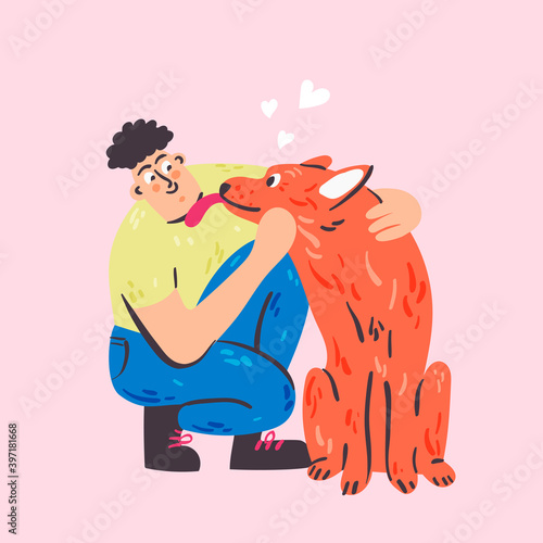 Man playing with lovely dog  cartoon illustration. Cute domestic animal friend hand drawn doodle banner design. Veterinary concept art.