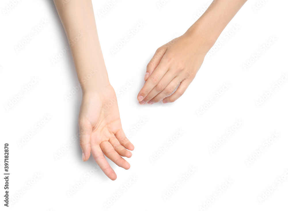 Woman on white background, top view. Closeup of hands Woman on white background, top view. Closeup of hands