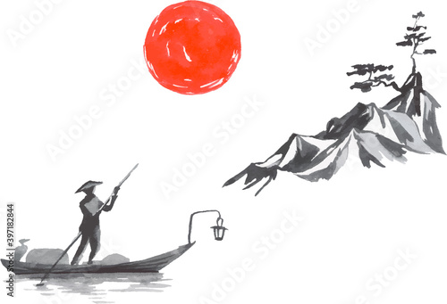 Japan traditional sumi-e painting. Fuji mountain, sakura, sunset. Japan sun. Indian ink vector illustration. Japanese picture.
