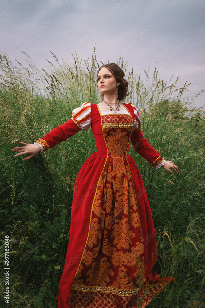 Red and gold medieval dress on sale