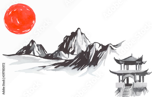 Japan traditional sumi-e painting. Fuji mountain, sakura, sunset. Japan sun. Indian ink vector illustration. Japanese picture.